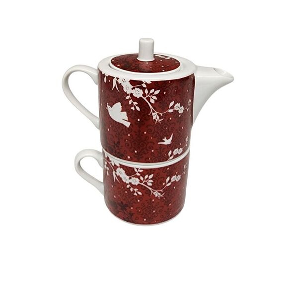 Rosanna Deer & Birds Red Porcelain Stacking Teapot & Teacup for One - Picture 2 of 12
